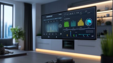 Fototapeta premium Modern smart screen displaying analytics data in a stylish living room setting with lush indoor plants.