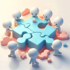 3D Soft abstract digital art with team members solving puzzle copy space below. concept as Team members solving a puzzle on a soft abstract digital art background representing collaboration and proble