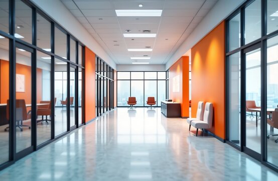 Empty modern hallway with orange, white walls. Two orange chairs in center of hallway. Large windows show city views. Floor light gray. Interior bright, spacious. Looks like business office building.