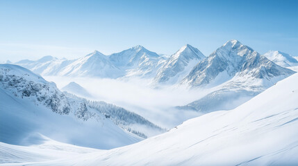 Naklejka premium Snow-covered mountain landscape with misty valleys and clear sky