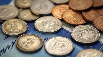 Close-up of various coins scattered on a stock market chart, illustrating financial concepts.