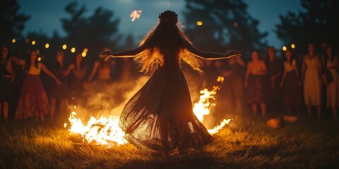 Woman dances around bonfire at night. Group of people celebrate pagan holiday in forest. Midsummer celebration. Wiccan ritual. Festive atmosphere. Woman wears flowing dress, floral crown. Spiritual,