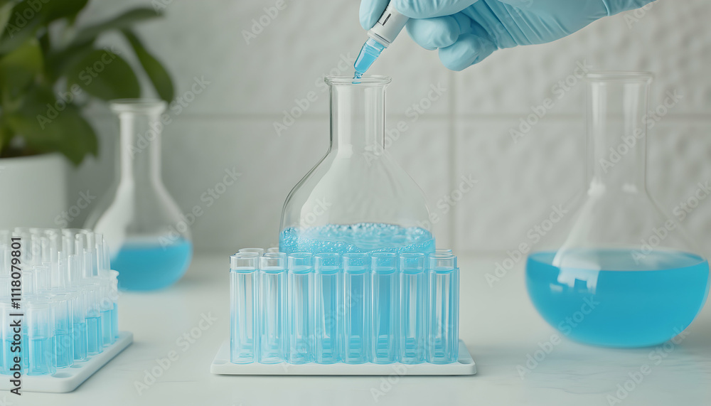 Poster scientist's hand adding blue liquid into flask; test tubes with blue liquid in rack; lab experiment;