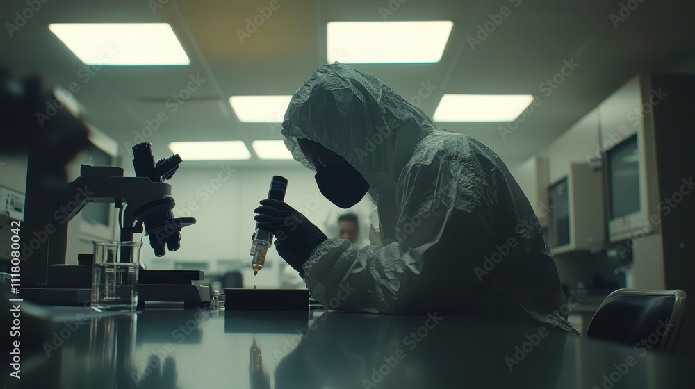 Poster scientist in lab coat using microscope research science