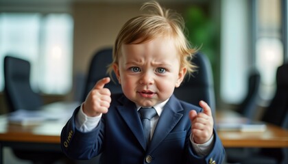 Adorable baby dressed in suit poses seriously in office. Infant displays determined expression. Baby wearing formal attire. Child looks confident in indoor workplace. Businessman attire for little