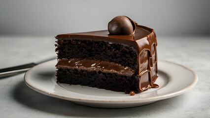 Chocolate cake slice in white plate isolated Chocolate cake slice with delicious glaze and berries on a white plate isolated on gray background,