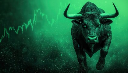 Digital rendering of a bullish market trend, glowing green with a fierce bull charging through stock charts, rising profits, Profits bullish bearish