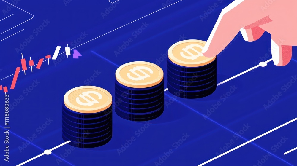 Poster here's a description and keywords for your stock photo.. hand placing coin on growing stacks of mone