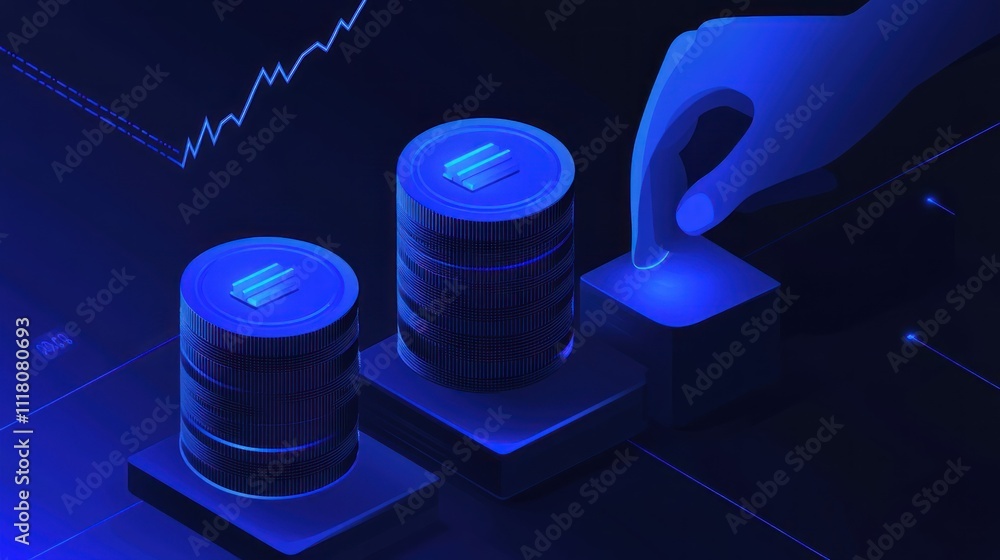 Aufkleber here's a caption and keywords for your image.. hand placing digital coin on growing data stacks, ill