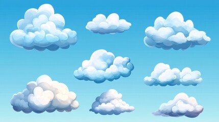 A vibrant illustration of various fluffy clouds against a blue sky, showcasing different shapes and sizes.