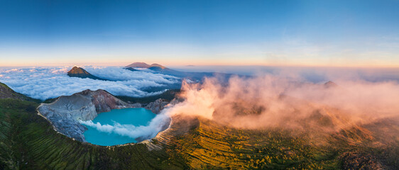 Aerial panorama drone view of mount Kawah Ijen volcano crater at sunrise, East Java, Indonesia