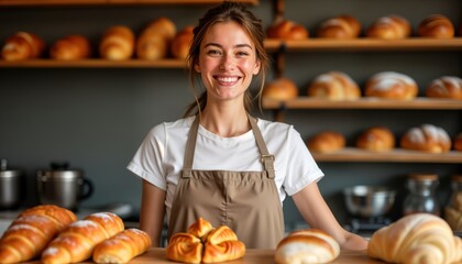 Happy young attractive French woman stands behind counter in bakery shop. Wears apron, smiles warmly. Many fresh croissants, bread on display. Looks like small business owner. Bakery shop with warm