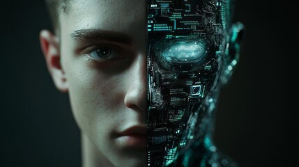A striking visual contrasts the serene face of a young person with the intricate details of a cyborg's metallic features, blending humanity with advanced technology in a dramatic light setting
