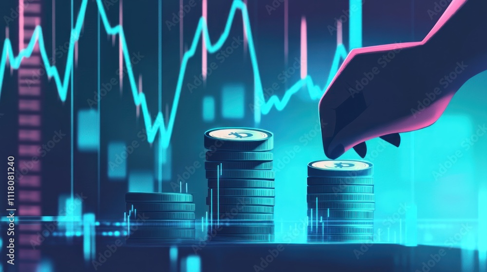 Poster hand adding coin to stacks against a fluctuating market graph background.