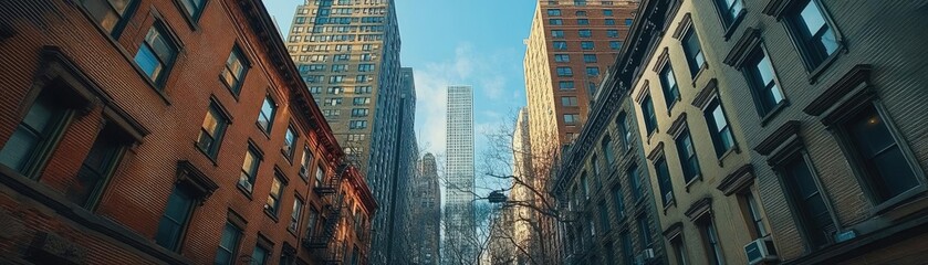 Obraz premium A view of skyscrapers from a quiet side street, a peaceful contrast