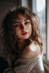 Fototapeta premium A strikingly beautiful model posing with soft natural light, showcasing her expressive features vividly.
