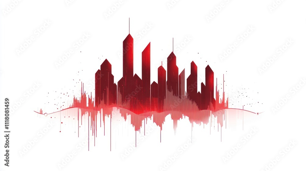 Poster here's a description and keywords for your image.. red city skyline with soundwave. abstract urban l