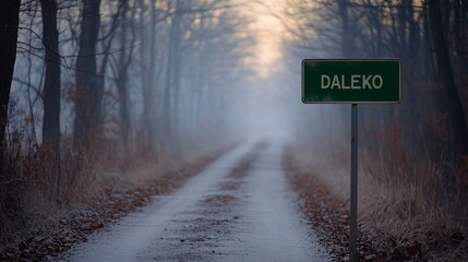 Misty road with a "Daleko" sign, creating a mysterious atmosphere, ideal for storytelling, journey, or reflective themes