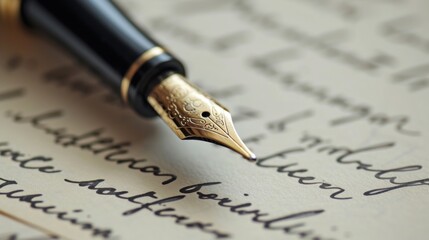 Golden fountain pen gliding across aged paper, crafting a beautiful cursive letter and evoking nostalgia for traditional communication methods steeped in history and elegance
