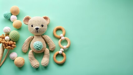 Handcrafted crochet teddy bear and teething rings playroom decor minimalist style soft colors studio view baby gifts