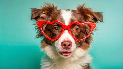 Playful dog in heart-shaped glasses indoor studio pet photography vibrant colors close-up fun concept