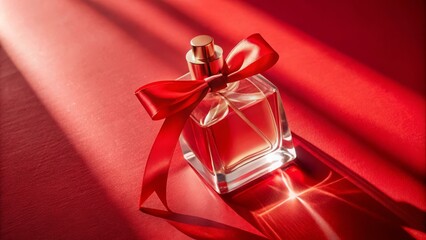 Elegant perfume bottle with red bow studio setup product photography soft lighting close-up luxury concept