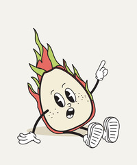 Dragon fruit retro character. Fictional character for cartoons. Toy and mascot sits and points with finger. Poster or banner. Back to 80s and 90s. Flat vector illustration