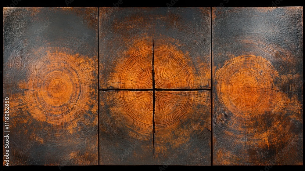 Poster abstract artwork featuring circular patterns in warm tones on a dark background.