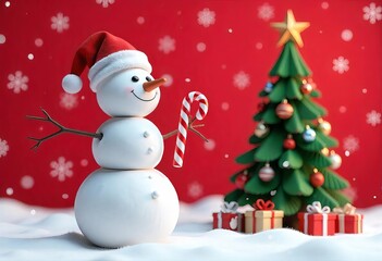 Fototapeta premium Christmas scene featuring a snowman holding a candy cane in its stick-like arm