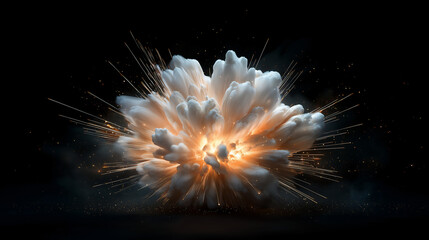 Massive glowing energy explosion with fiery particles, futuristic burst concept, dynamic sci-fi digital art, abstract illuminated design, dark background, copy space.