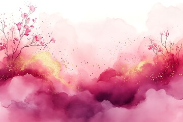 Abstract pink wet watercolor paintings with gold foil textures
