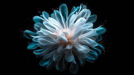 Digital abstract flower with glowing petals, blue and white illumination, futuristic floral concept, radiant light design, creative digital art, dark background.