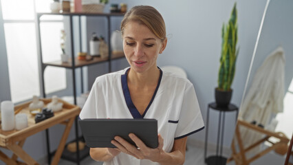 Woman in spa wearing uniform uses tablet in a modern wellness center surrounded by plants and shelves, embodying a serene and professional beauty environment.