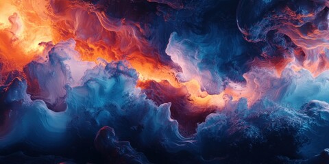 Fototapeta premium Abstract Celestial Nebula: Fiery Orange and Serene Blue Cosmic Cloudscape Digital Art
