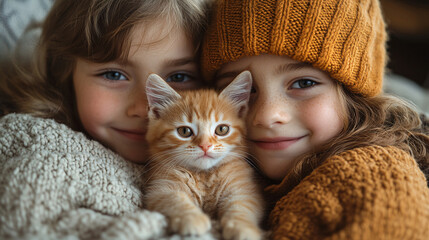 A heartwarming scene of siblings cuddling a kitten in a cheerful living room, perfect for family-oriented campaigns, pet adoption events, or cozy home decor designs.