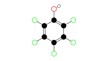 pentachlorophenol molecule, structural chemical formula, ball-and-stick model, isolated image pesticide
