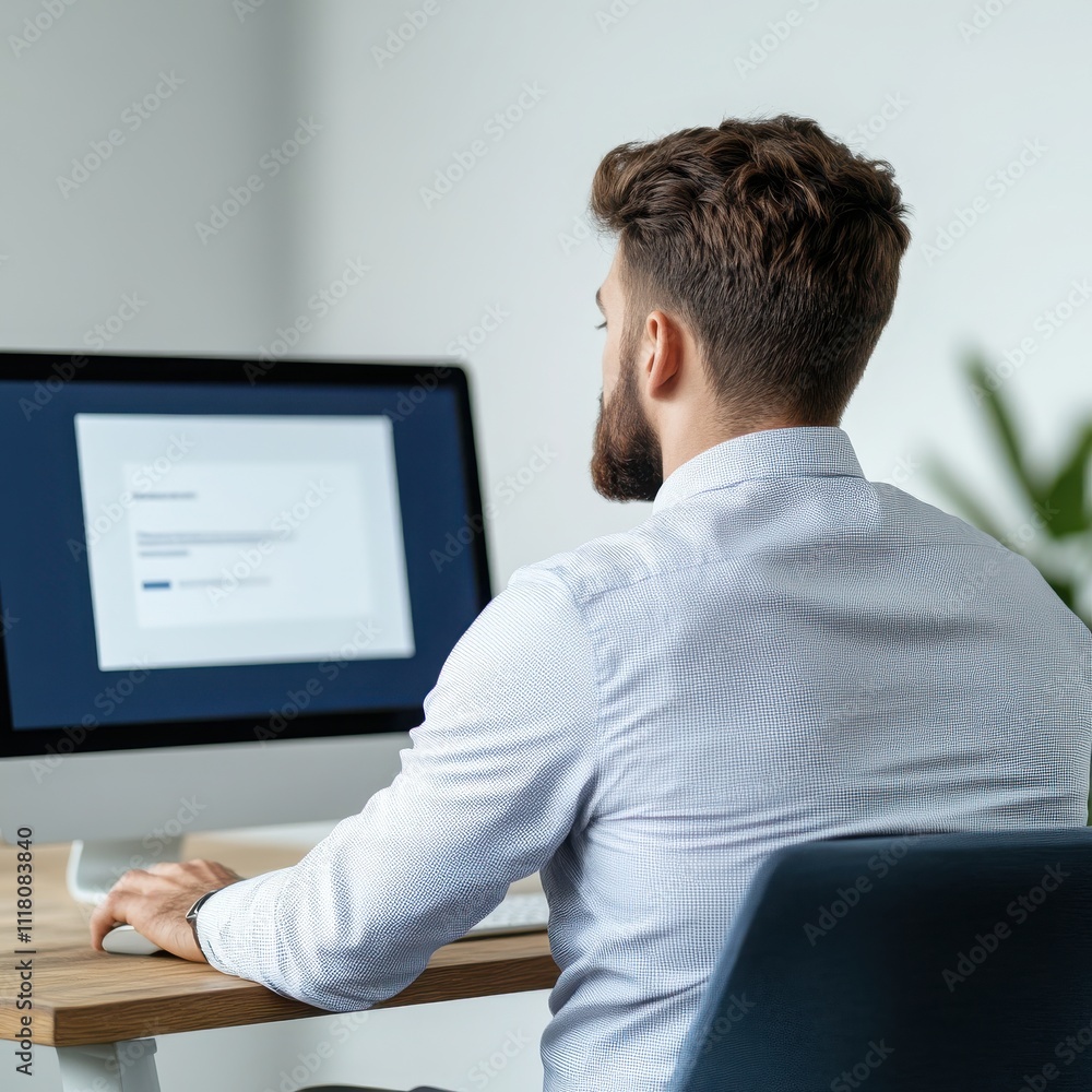 Poster a focused man working at a computer in a modern office setting, emphasizing productivity and concent