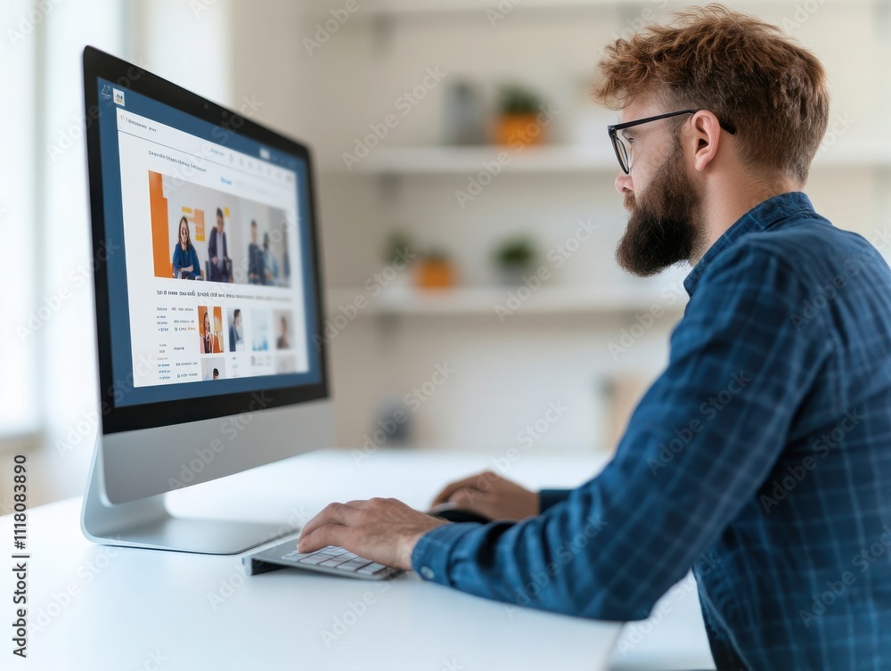 Poster a focused man working on a computer in a modern office environment, showcasing productivity and tech
