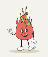 Dragon fruit retro character. Fictional character for cartoons. Cheerful toy and mascot. Template and layout. Back to 80s and 90s. Flat vector illustration