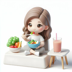 3D Woman practicing mindful eating with bokeh background copy space on left concept as A woman engaged in mindful eating with a soft bokeh background emphasizing healthy eating and self care with ampl