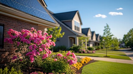 Suburban Homes Solar Panels Spring Flowers Residential Landscape