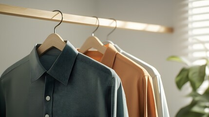 Obraz premium Neatly Ironed Shirts Hanging on Wooden Hangers in a Bright Room with Natural Light and Soft Shadows from Nearby Window