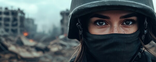 Resilience of women warrior in war concept. Soldier in a helmet and mask amidst a war-torn landscape