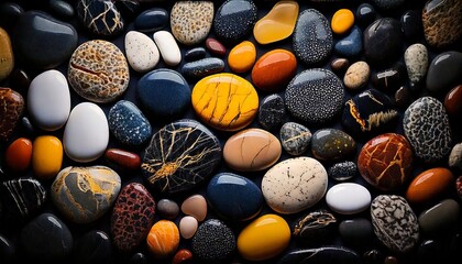 pebble background close up - amber, grey and black stones