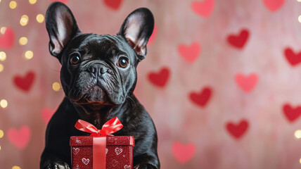 French Bulldog with red gift box, perfect for Valentine Day