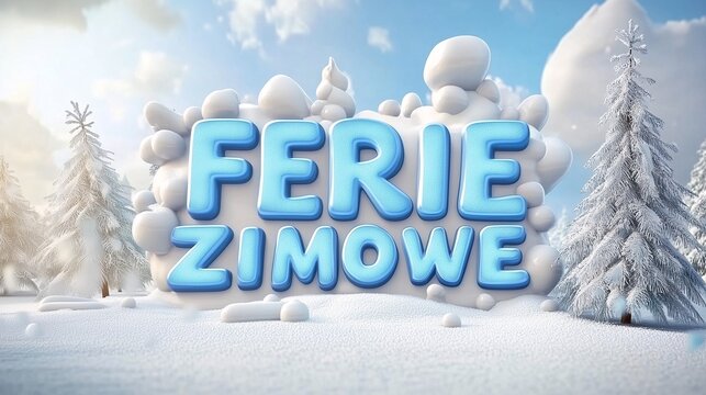 "Ferie Zimowe" text surrounded by snow clouds in a frosty forest under a clear sky