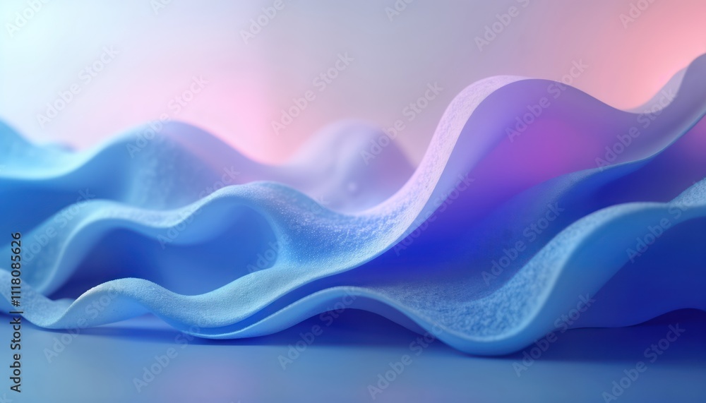 Poster Abstract image shows soft light blue, purple waves. Soft colors, smooth texture. Abstract shapes, light create dynamic form. Image ideal for modern tech eco design projects. Graphic design used in