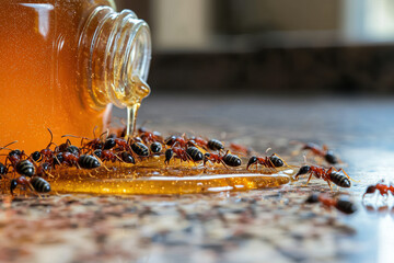 Macro shot of ants swarming over spilled honey