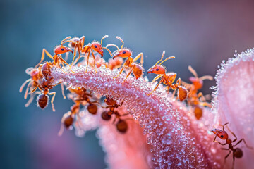 Macro shot of ants gathering dew on flower petal
