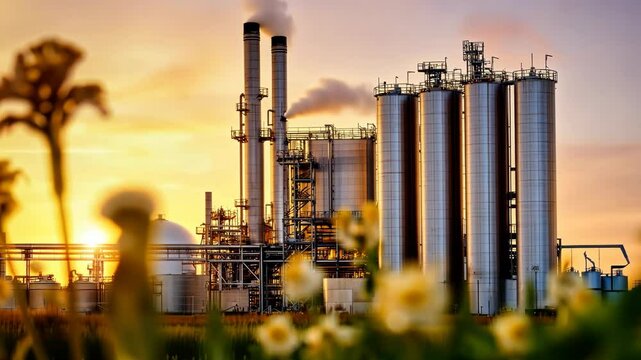 A clean, modern recycling facility surrounded by lush green fields, demonstrating how industrial processes can coexist with nature.